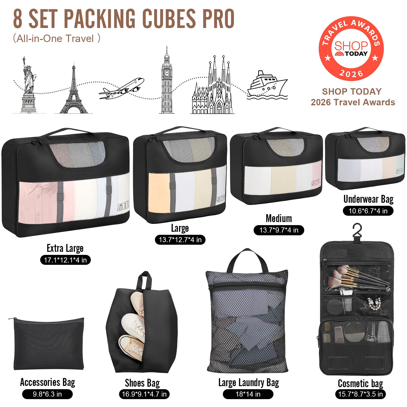 Veken 10 Set/8 Set Packing Cubes for Travel Essentials,Anti-Wrinkle Buckled Suitcase Organizer for Shoe & Toiletry Bag,Carry On Luggage Bag for Airplane & College Dorm Room Accessories,Women Men Gifts-zoom-42