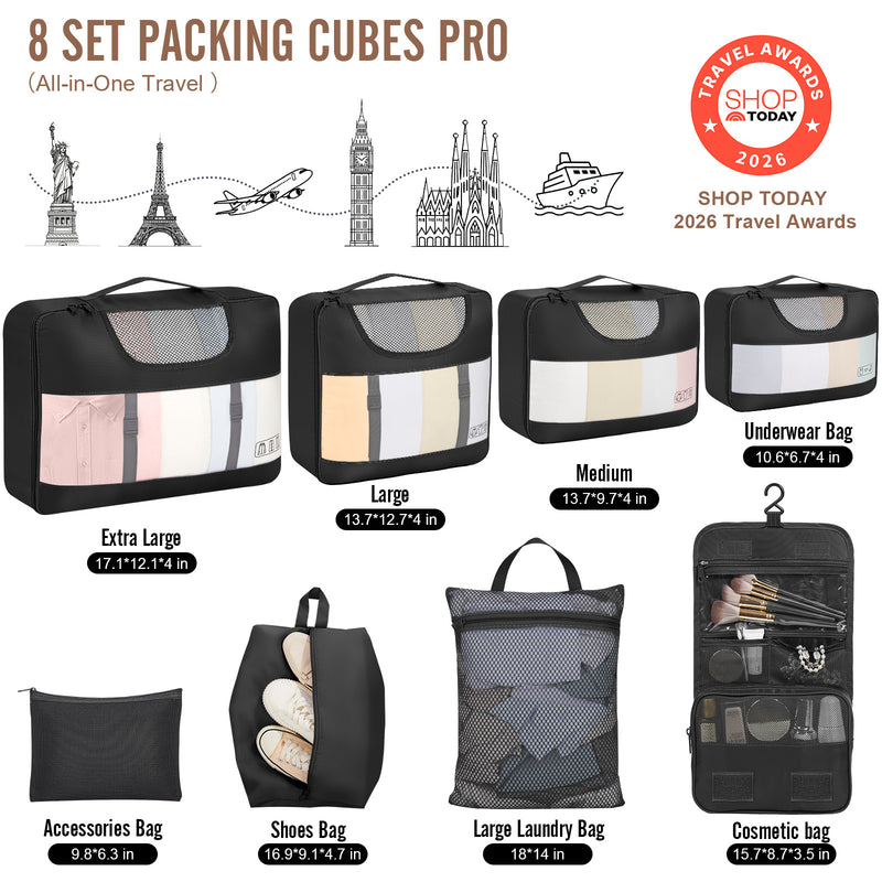 Veken 10 Set/8 Set Packing Cubes for Travel Essentials,Anti-Wrinkle Buckled Suitcase Organizer for Shoe & Toiletry Bag,Carry On Luggage Bag for Airplane & College Dorm Room Accessories,Women Men Gifts-zoom-