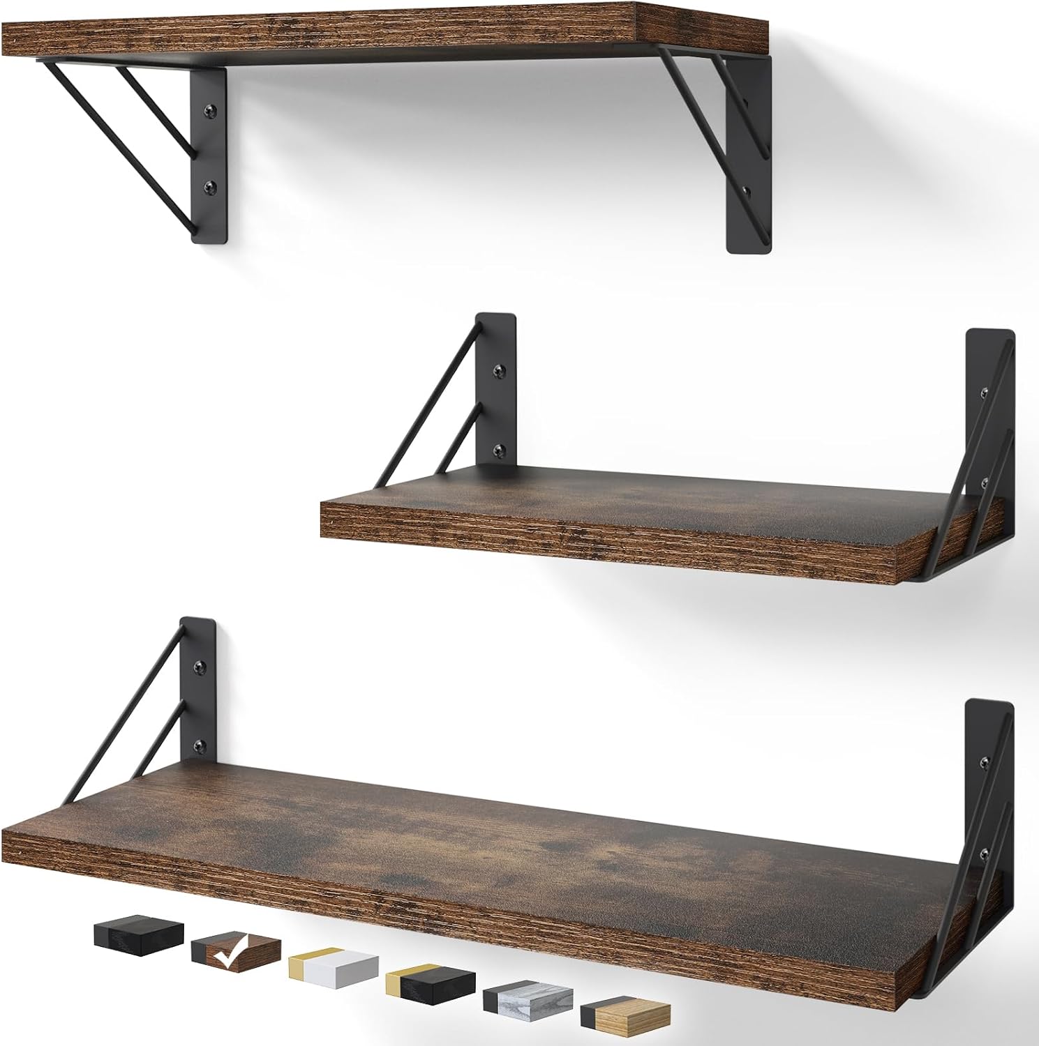 BAYKA | Floating Shelves | Set of 3 | Rustic Brown - aborderproducts