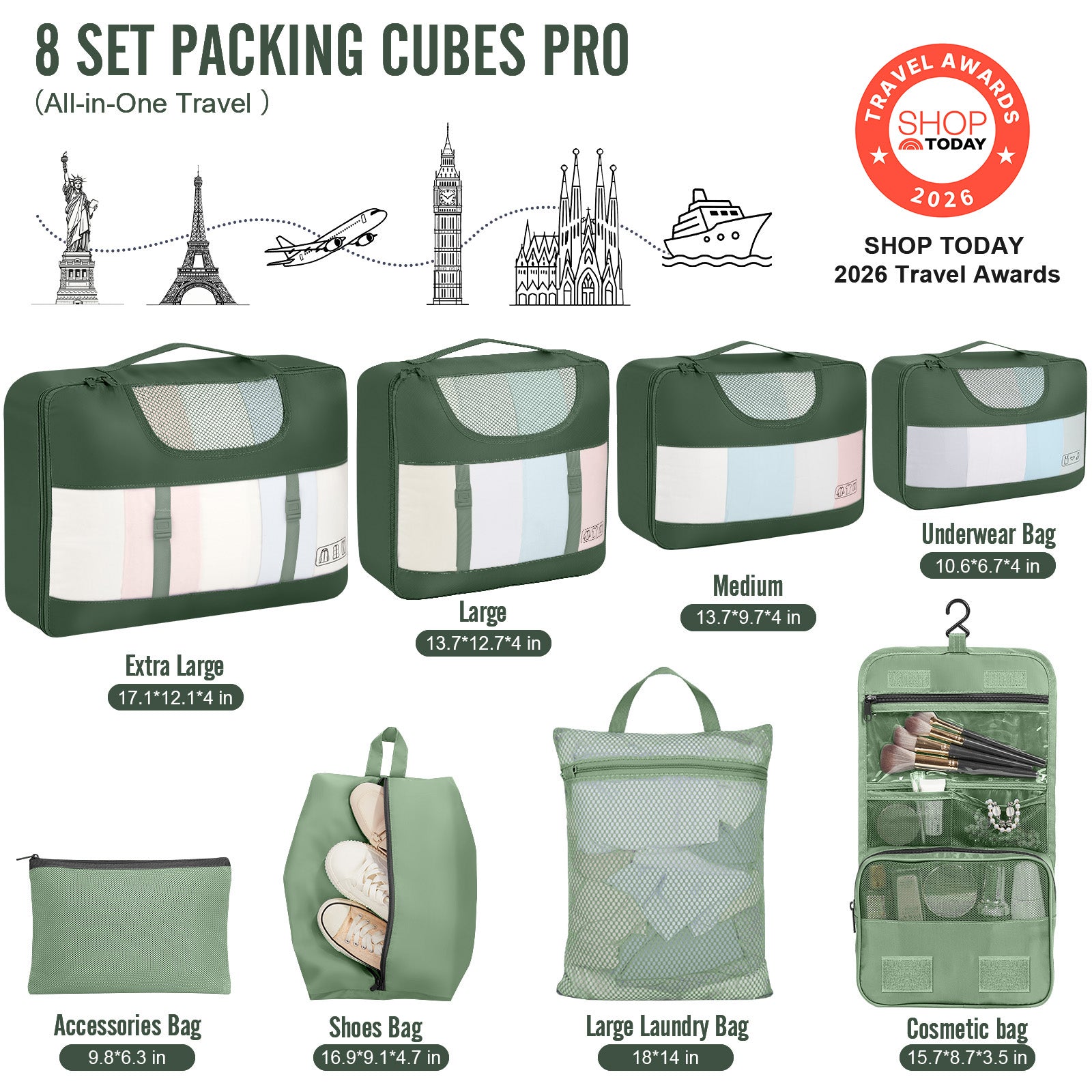 Veken 8 Set Packing Cubes for Travel Essentials, Suitcase Organizer Bags in 4 Sizes, Carry-On Luggage Accessories with Large Laundry & Hanging Toiletry Bag, Must-Have for Airplane, Road Trip & Camping-zoom-2