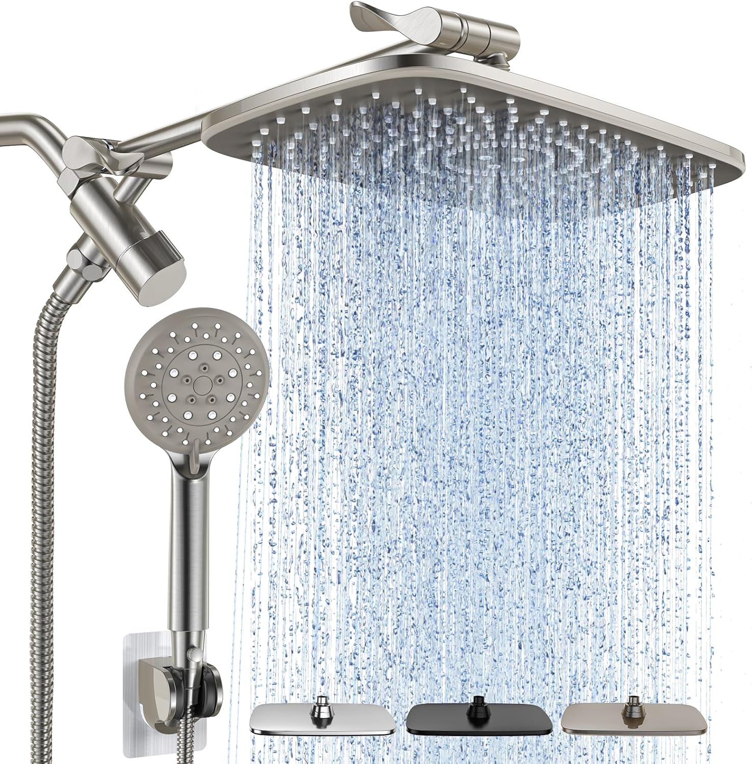 Veken | Rectangle High Pressure Rain Shower Head Combo | 1.8 GPM | Brushed Nickel - aborderproducts