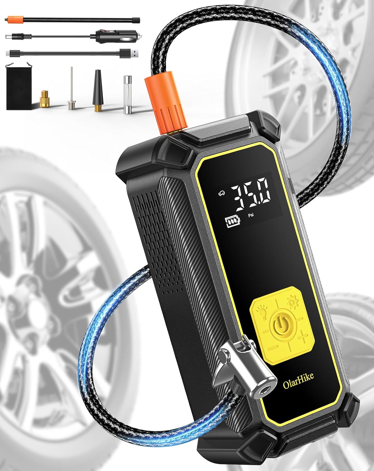 OlarHike Cordless Electric Tire Inflator Portable Air Compressor, Auto Air Pump for Car Tires,SUV,Bicycle, Bike,motorcycle,ball, Tire Inflator with Digital Pressure Gauge, Smart Pump with LED Light,Yellow