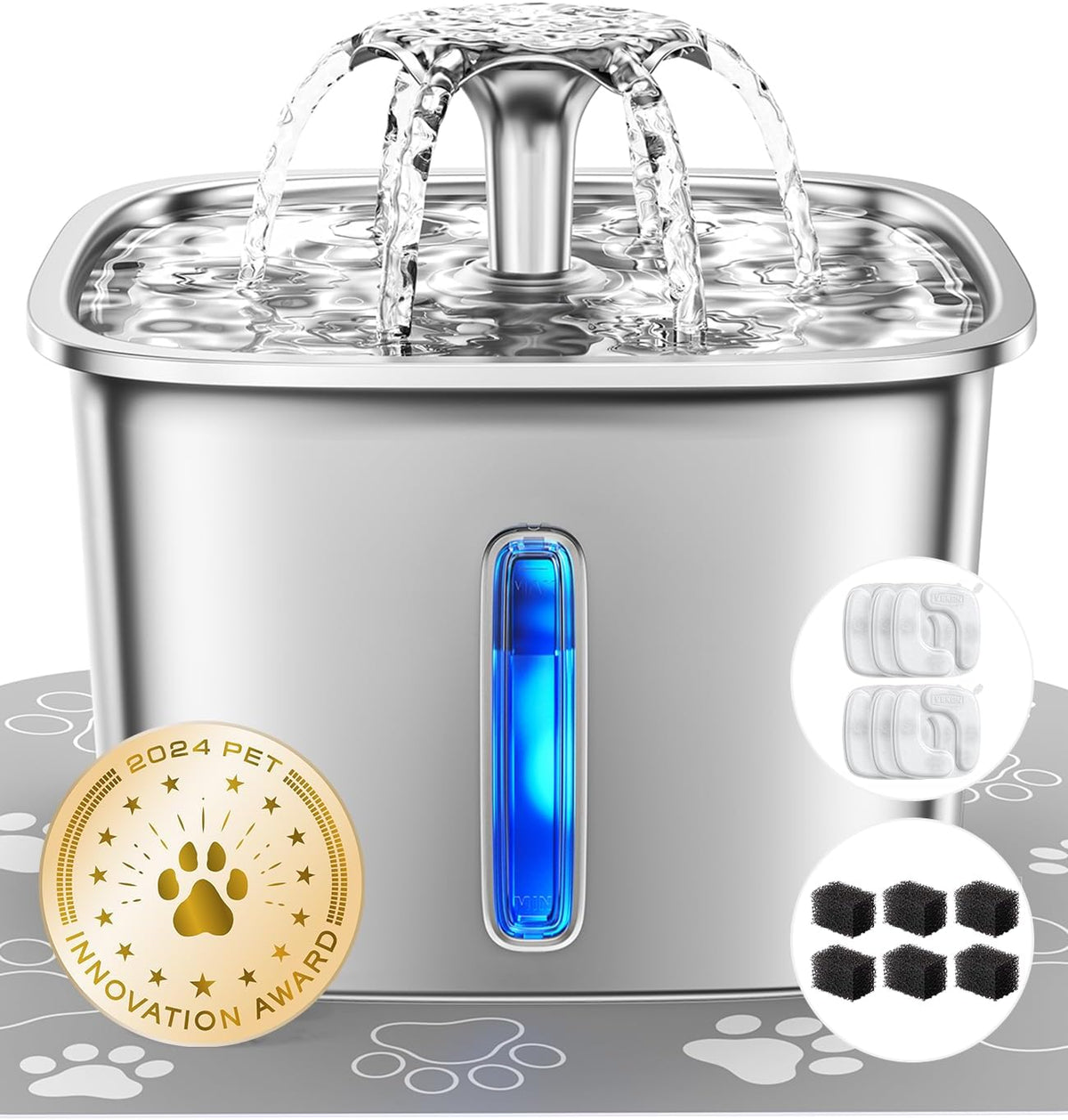 Veken | Stainless Steel Cat Water Fountain | 95oz/2.8L | Silver