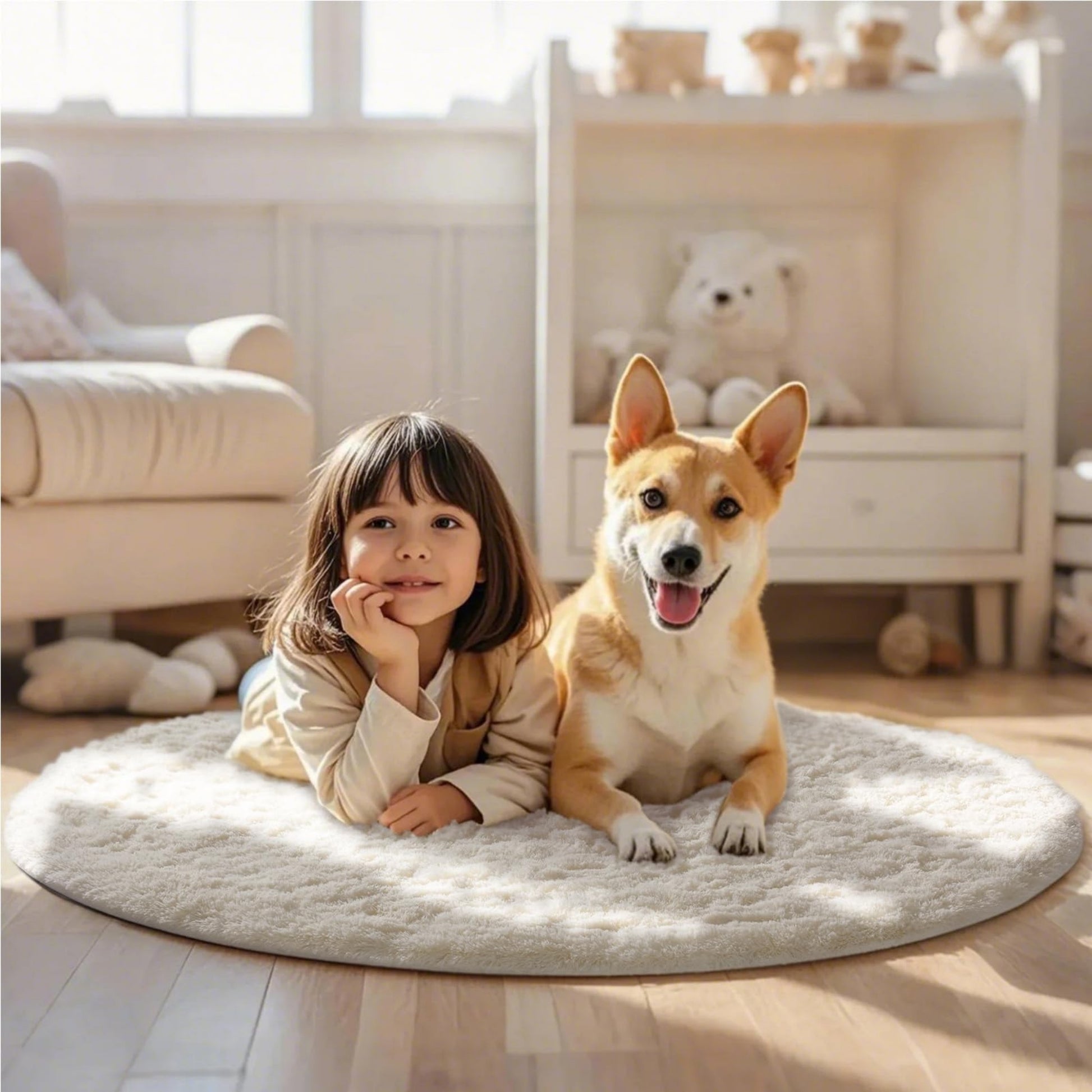 Ophanie 4ft Round Area Rug Plush Shag Circular Bedroom Nursery Rug Ivory Soft Fluffy Carpet-4