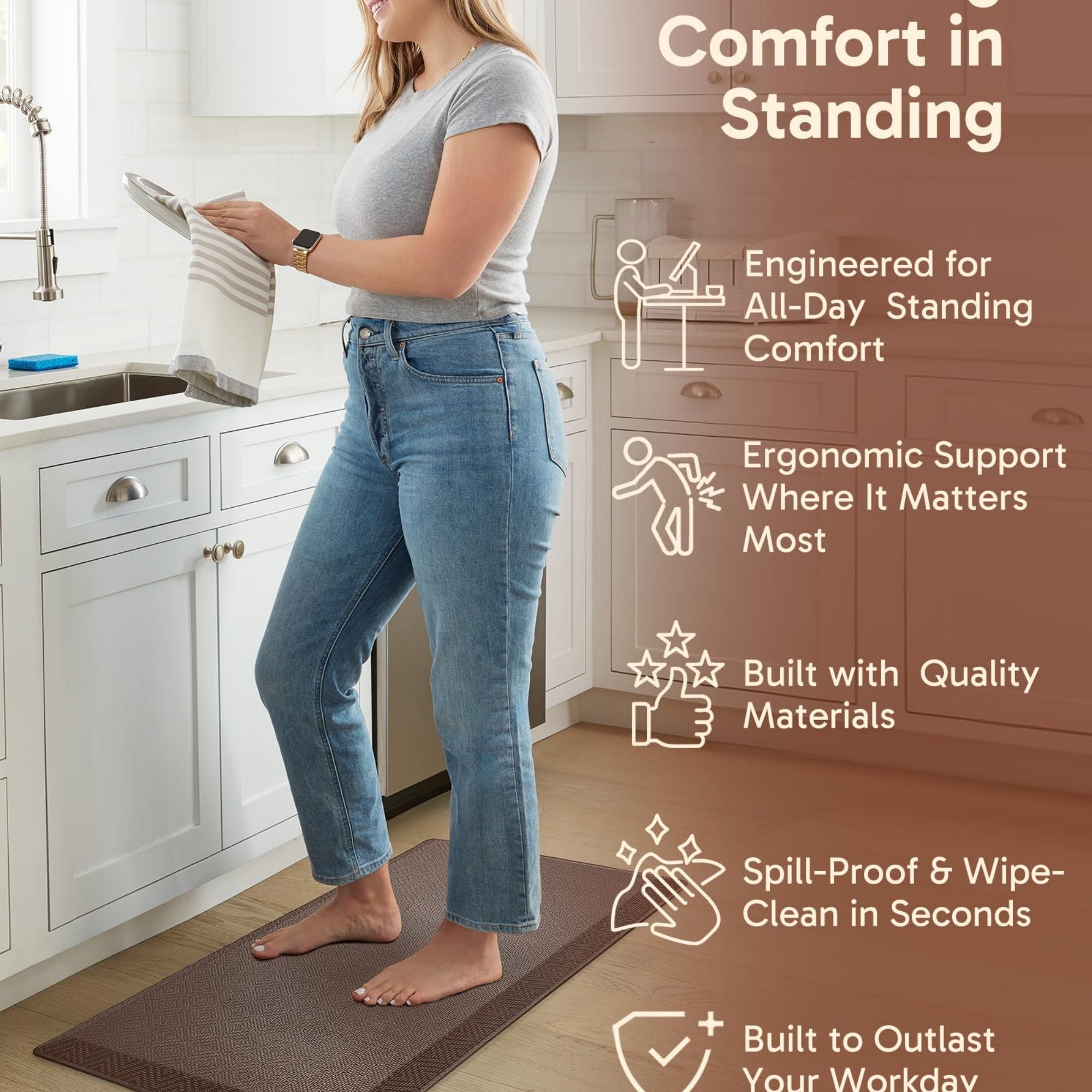 Ophanie 20x39 Kitchen Mat 3/4 Inch Thick Anti Fatigue Cushioned Floor Rug Waterproof Non Slip Standing Mat Brown-zoom-3