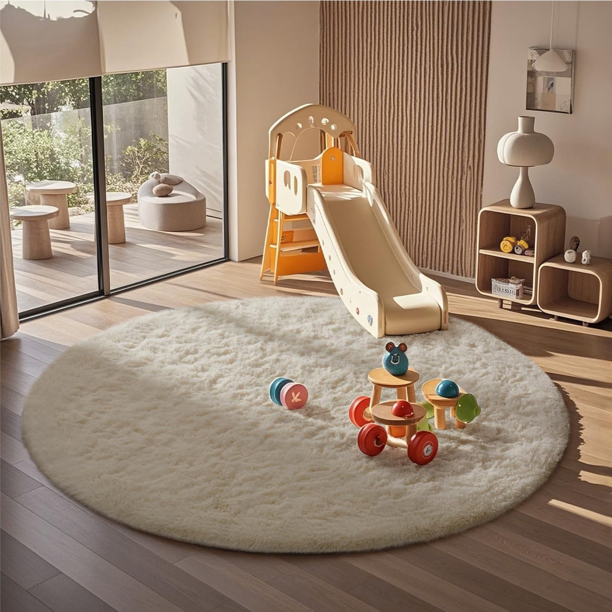 Ophanie 6ft Round Area Rug Plush Shag Circular Bedroom Nursery Rug Ivory Soft Fluffy Carpet-4