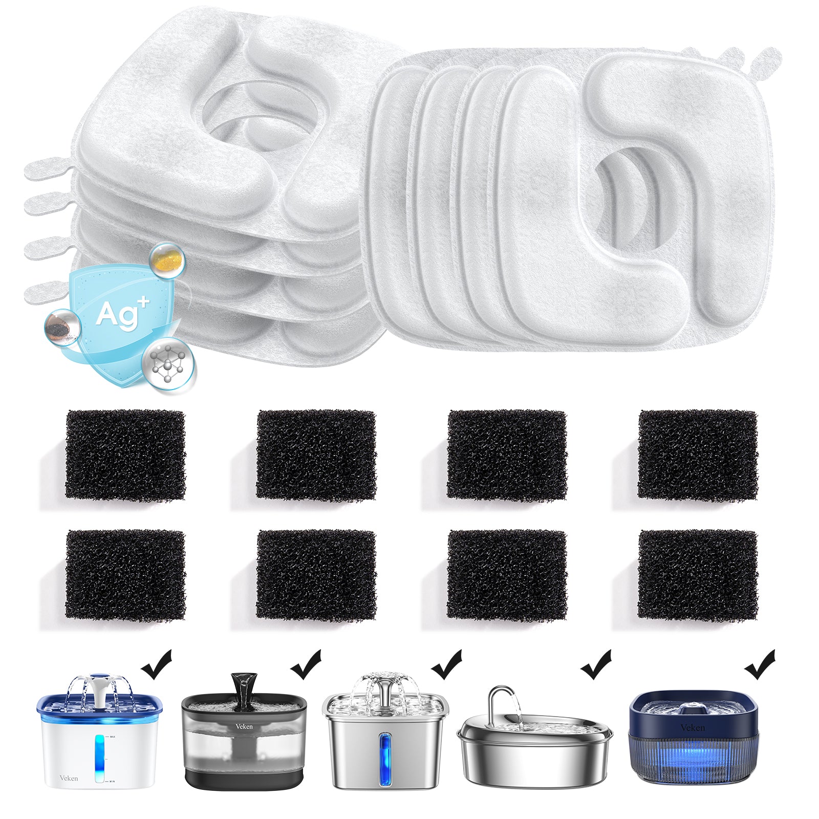 Veken | 8 Pack Replacement Filters & 8 Pack Replacement Pre-Filter Sponges Set | For 67oz, 95oz, 135oz Pet Fountain - aborderproducts