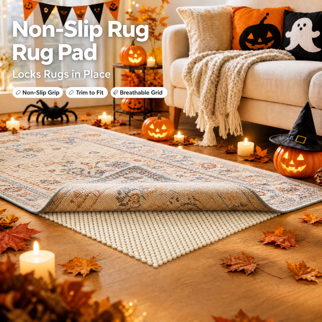 Veken Non-Slip Rug Pad Gripper for Hardwood Floors, Open Grid Area Rug Pad, Thick Anti Skid Rug Mat for Tile Floors