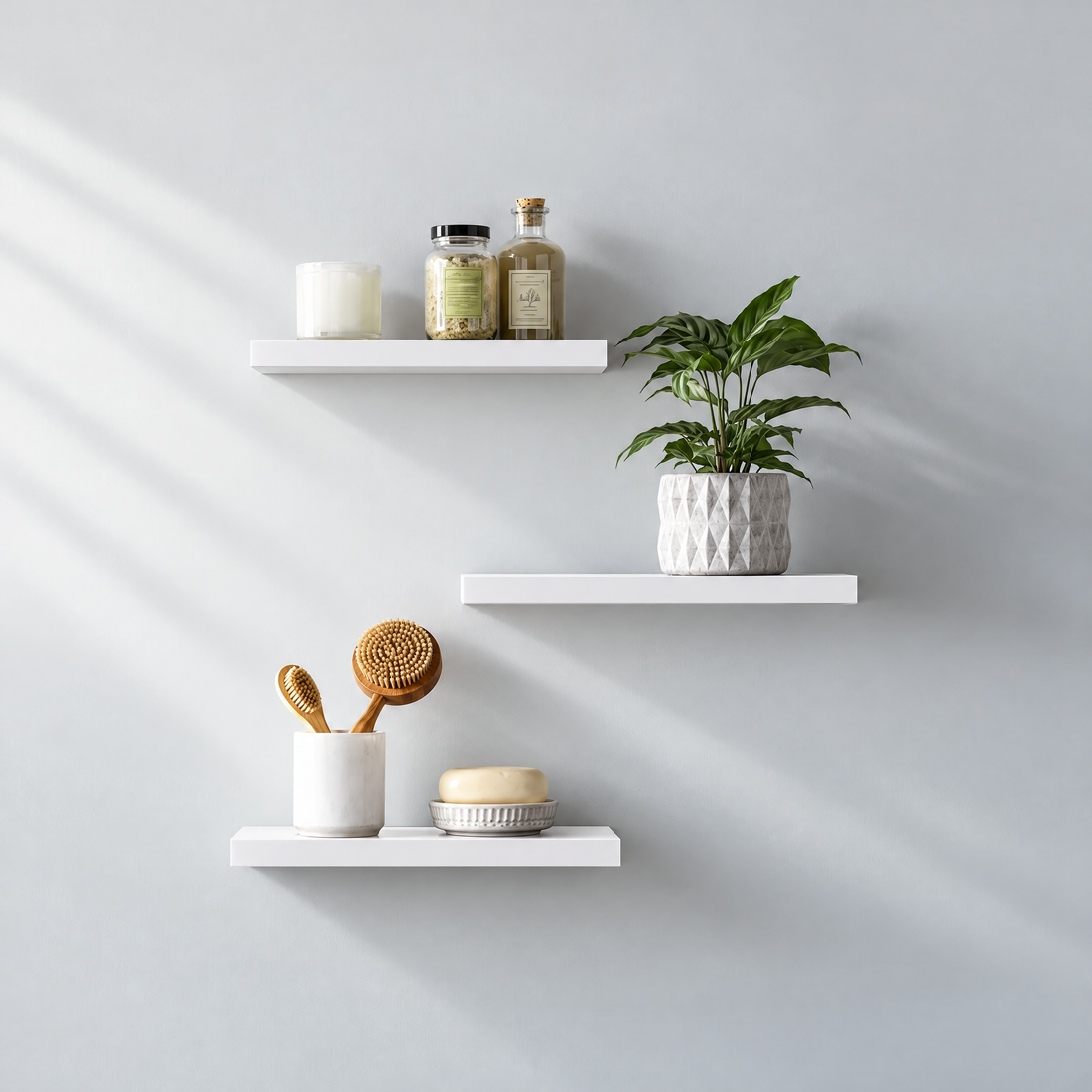 BAYKA Floating Shelves Set of 3, Wall Mounted Wooden Display Shelf Set for Bedroom, Bathroom, Living Room & Office