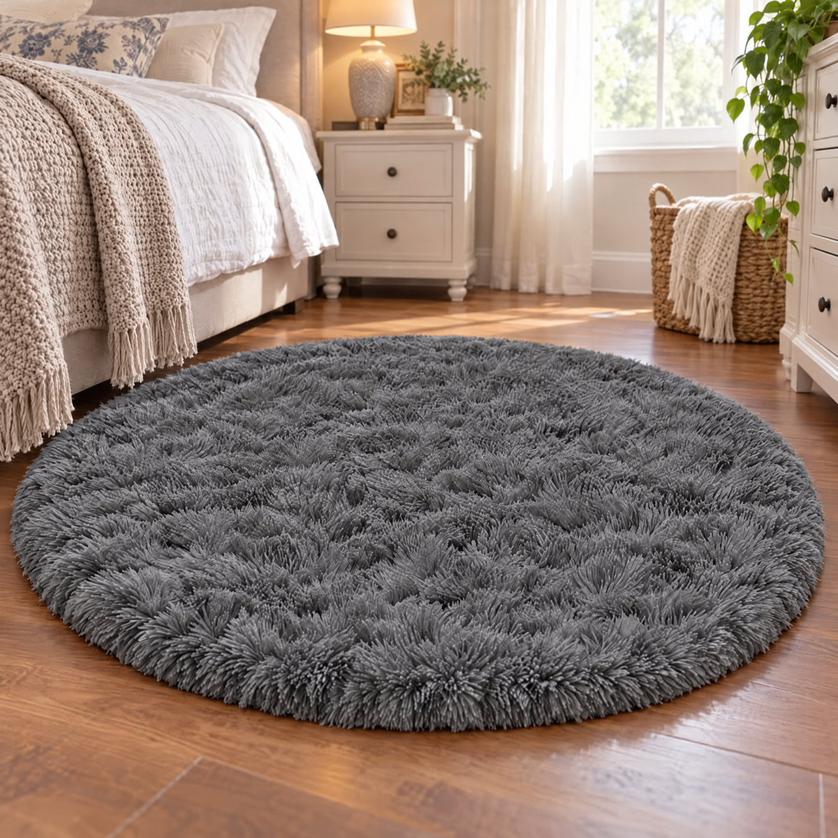 Ophanie 4ft Round Area Rug Plush Shag Circular Bedroom Nursery Rug Grey Soft Fluffy Carpet-4