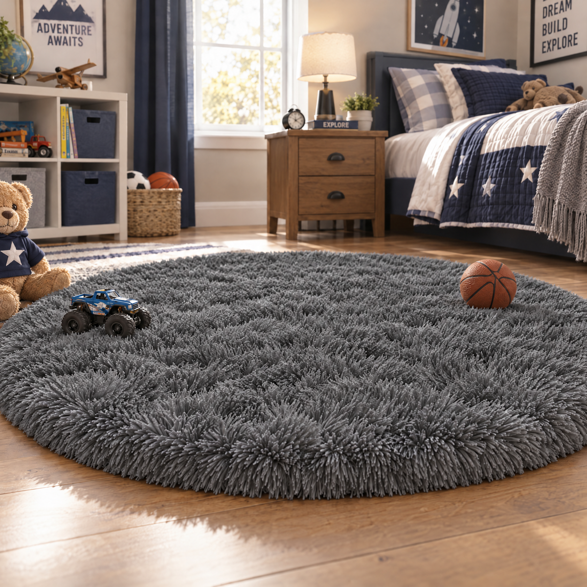 Ophanie 4ft Round Area Rug Plush Shag Circular Bedroom Nursery Rug Grey Soft Fluffy Carpet