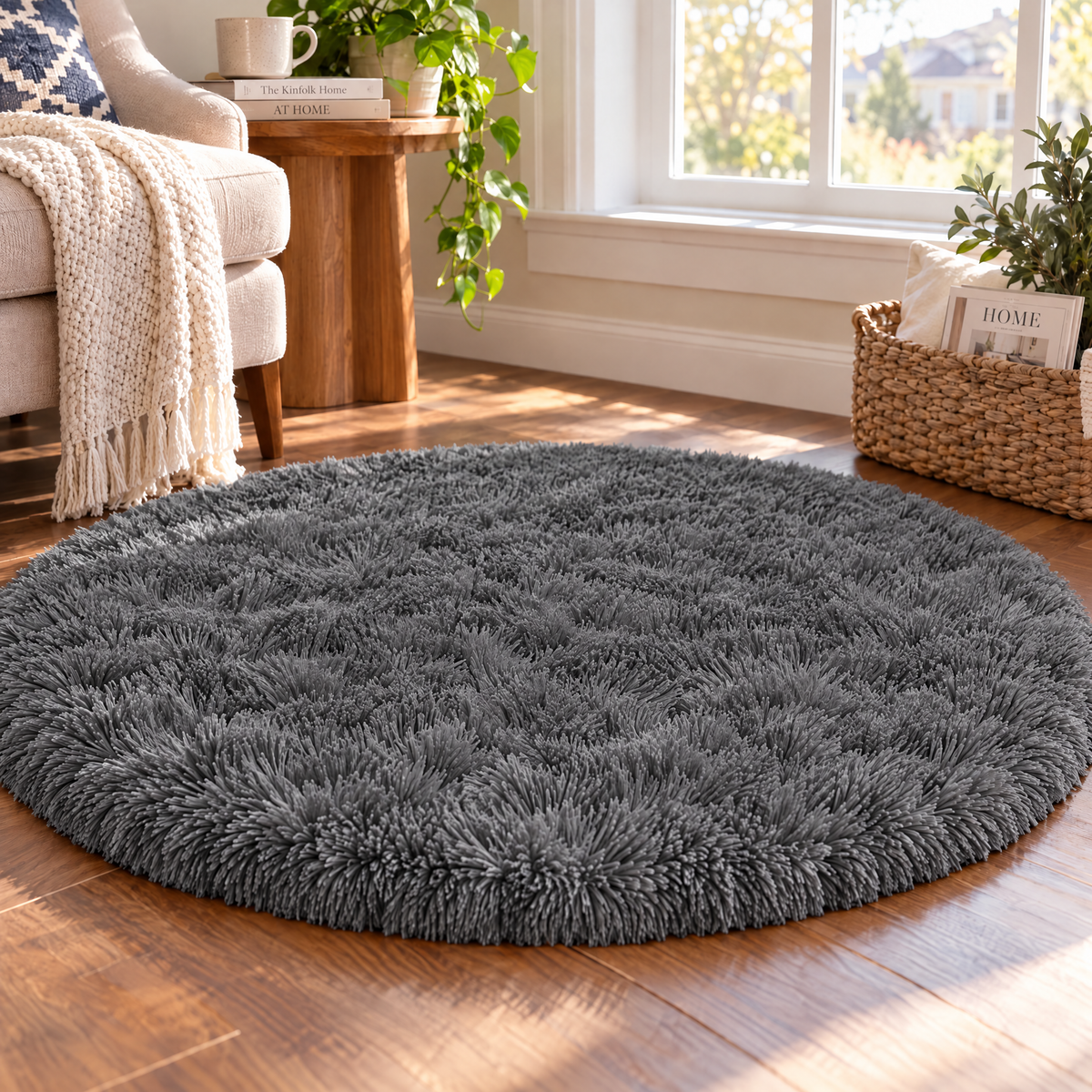 Ophanie 4ft Round Area Rug Plush Shag Circular Bedroom Nursery Rug Grey Soft Fluffy Carpet-zoom-5