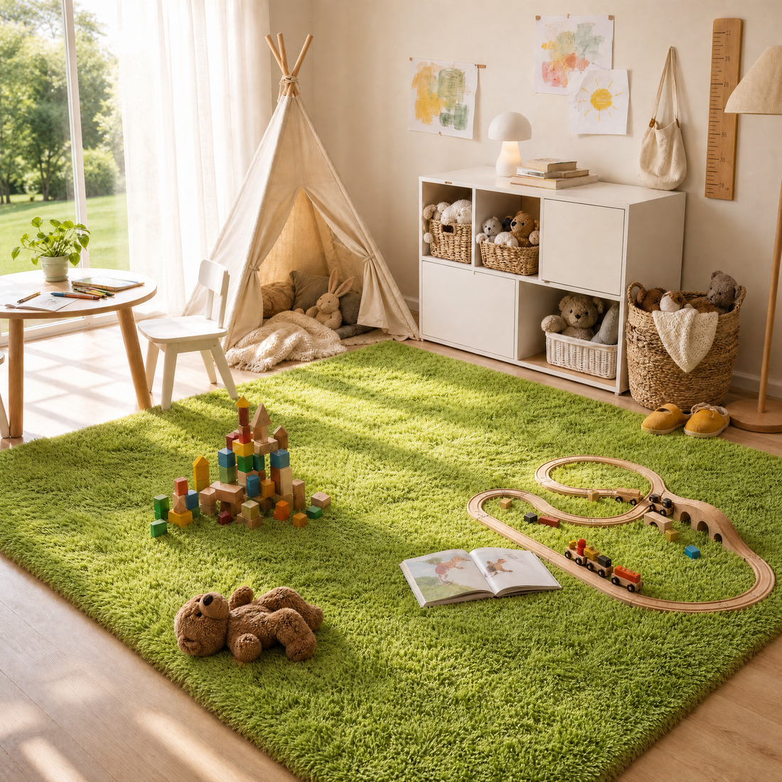 Ophanie 3x5 Green Area Rug Soft Fluffy Shag Bedroom Nursery Rug Grass Style Plush Carpet
