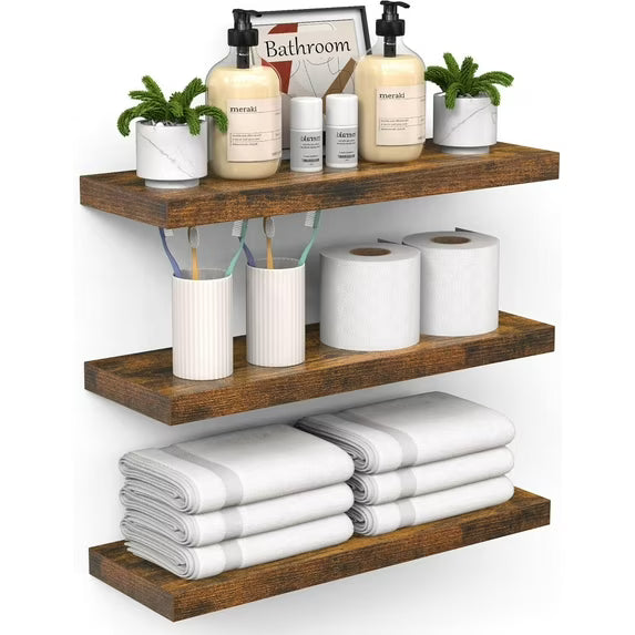 BAYKA Floating Shelves for Wall – Bathroom Shelves Rustic Wood with Metal Brackets for Bathroom, Bedroom, Kitchen, or Living Room Decor – Rustic Brown, 3 Set, Sturdy Storage with 22lb Capacity