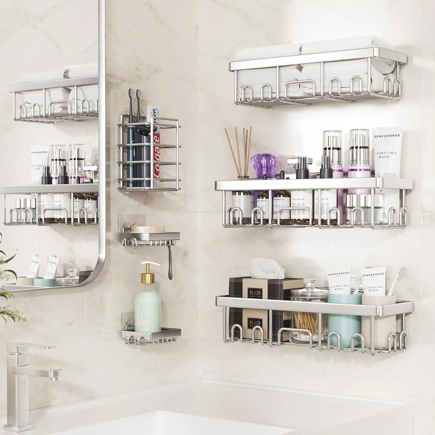 Veken Rustproof Shower Caddy 6-Pack, Ideal for Gift, Large Wall Mounted Rack, Bathroom Shelves Over Toilet, Organizer Storage Accessories with Soap Dish & Toothbrush Holder, Silver