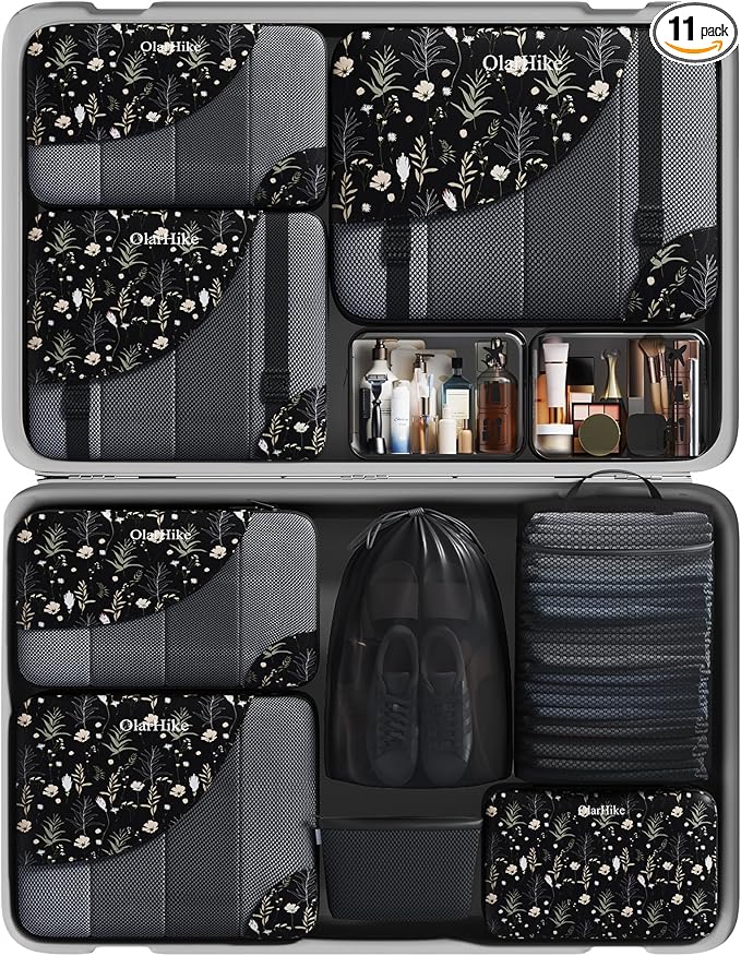 Travel Makeup Organizer M3V1 (6+5) 11-Piece Set Black Floral
