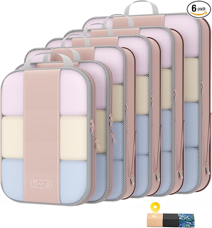 6 Set Compression Packing Cubes for Travel Essentials,Compressible Expandable Packing Cubes for Suitcase,OlarHike Luggage Organizer Bags,Handy Helper for Organizing Clothes(Beige) - aborderproducts