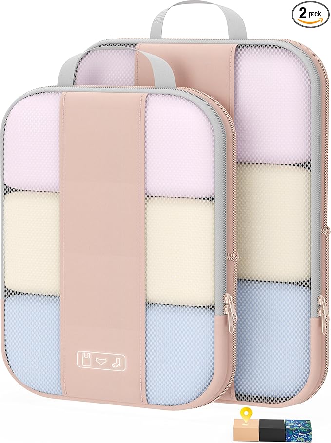 2 Set Compression Packing Cubes for Travel Essentials,Compressible Expandable Packing Cubes for Suitcase,OlarHike Luggage Organizer Bags,Handy Helper for Organizing Clothes(Beige) - aborderproducts