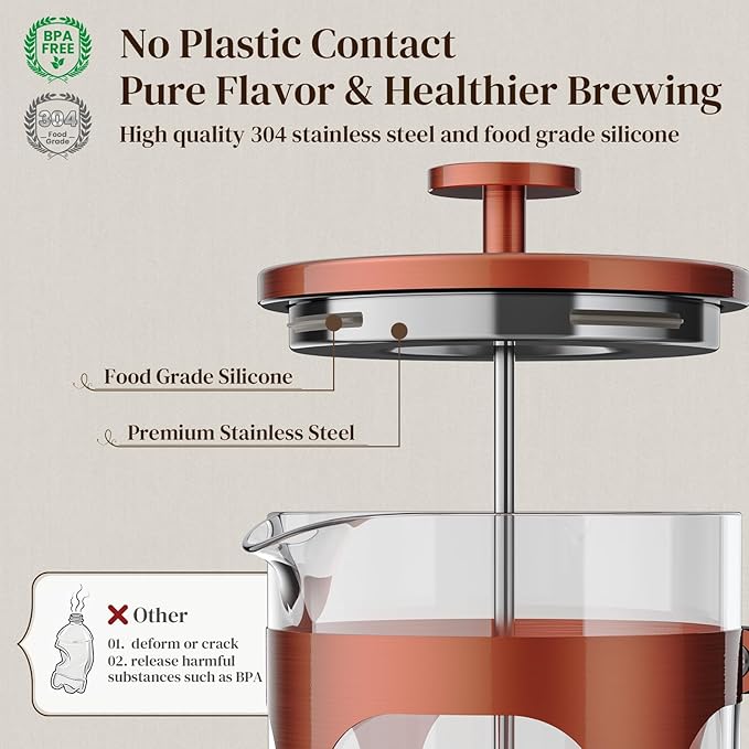Veken French Press Coffee Maker 34oz 1 L, Heat Resistant Thickened Borosilicate Glass, No Plastic Touching Cafe, Stainless Steel Brewer, Cold Brew Cafetera Teapot for Kitchen Travel Camping, Copper-zoom-