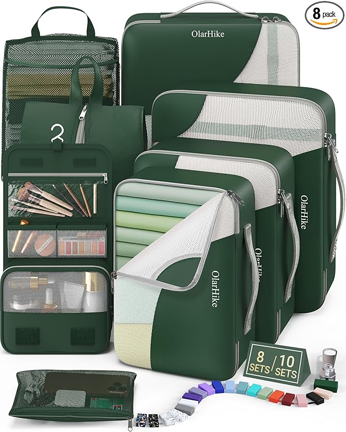 8 Set Packing Cubes for Travel, Gifts for Women Mom,Anti-Tearing Suitcase Organizer for Luggage with Shoe & Hanging Toiletry Bag,OlarHike Vacation Essentials & Accessories for Cruise Ship,Dark Green - aborderproducts