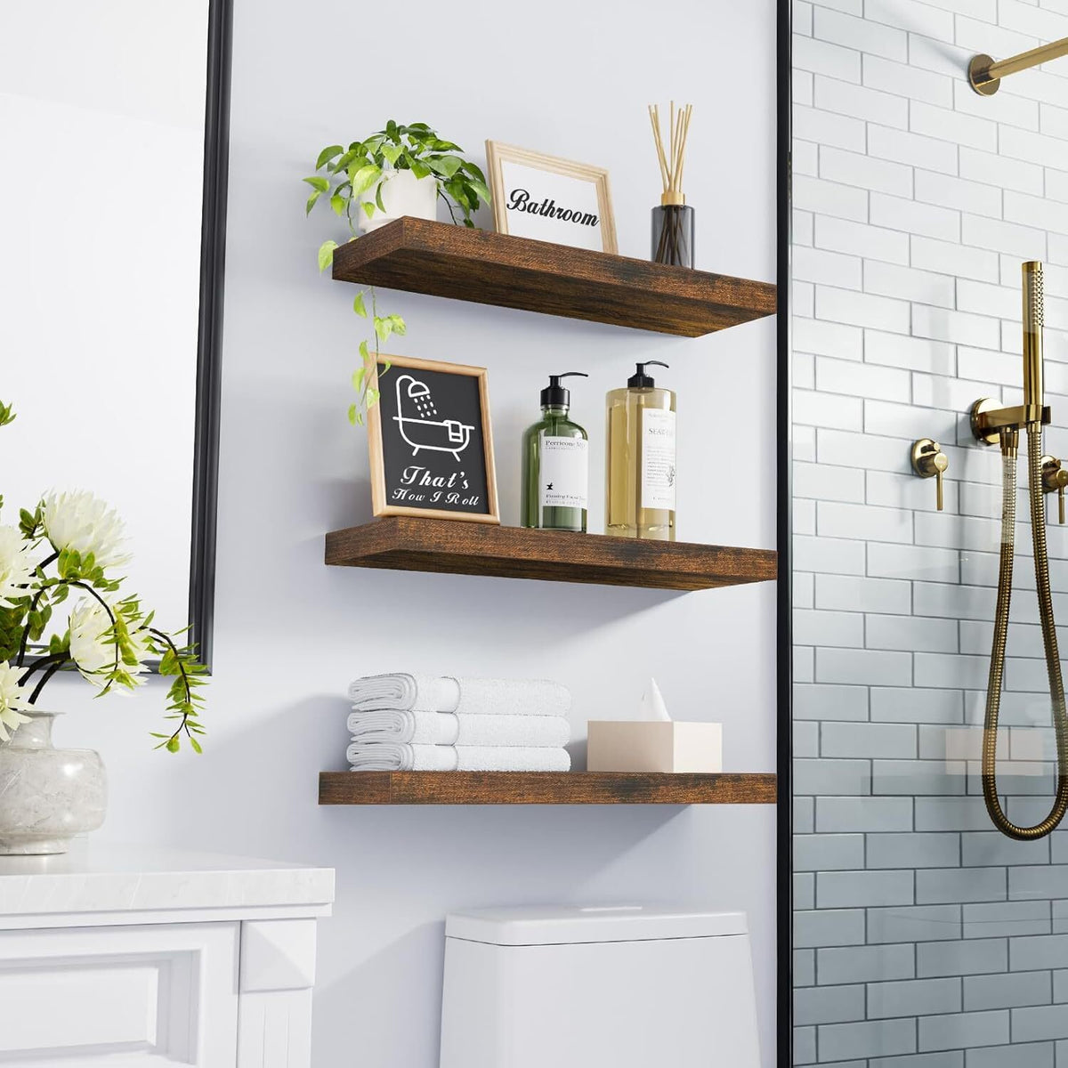 BAYKA Floating Shelves for Wall – Bathroom Shelves Rustic Wood with Metal Brackets for Bathroom, Bedroom, Kitchen, or Living Room Decor – Rustic Brown, 3 Set, Sturdy Storage with 22lb Capacity