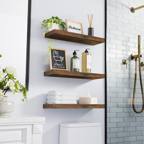 BAYKA Floating Shelves for Wall – Bathroom Shelves Rustic Wood with Metal Brackets for Bathroom, Bedroom, Kitchen, or Living Room Decor – Rustic Brown, 3 Set, Sturdy Storage with 22lb Capacity