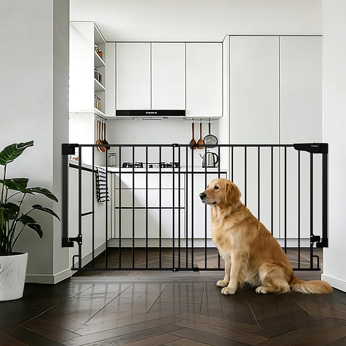 Cumbor 55in No Bottom Bar Baby Gate for Stairs, 2-in-1 Auto Close Dog Gate Indoor, Hardware Mounted Pet Gate for Doorways with Large Walk Thru Door, Child-Proof Safety Gate for Kids (Black)