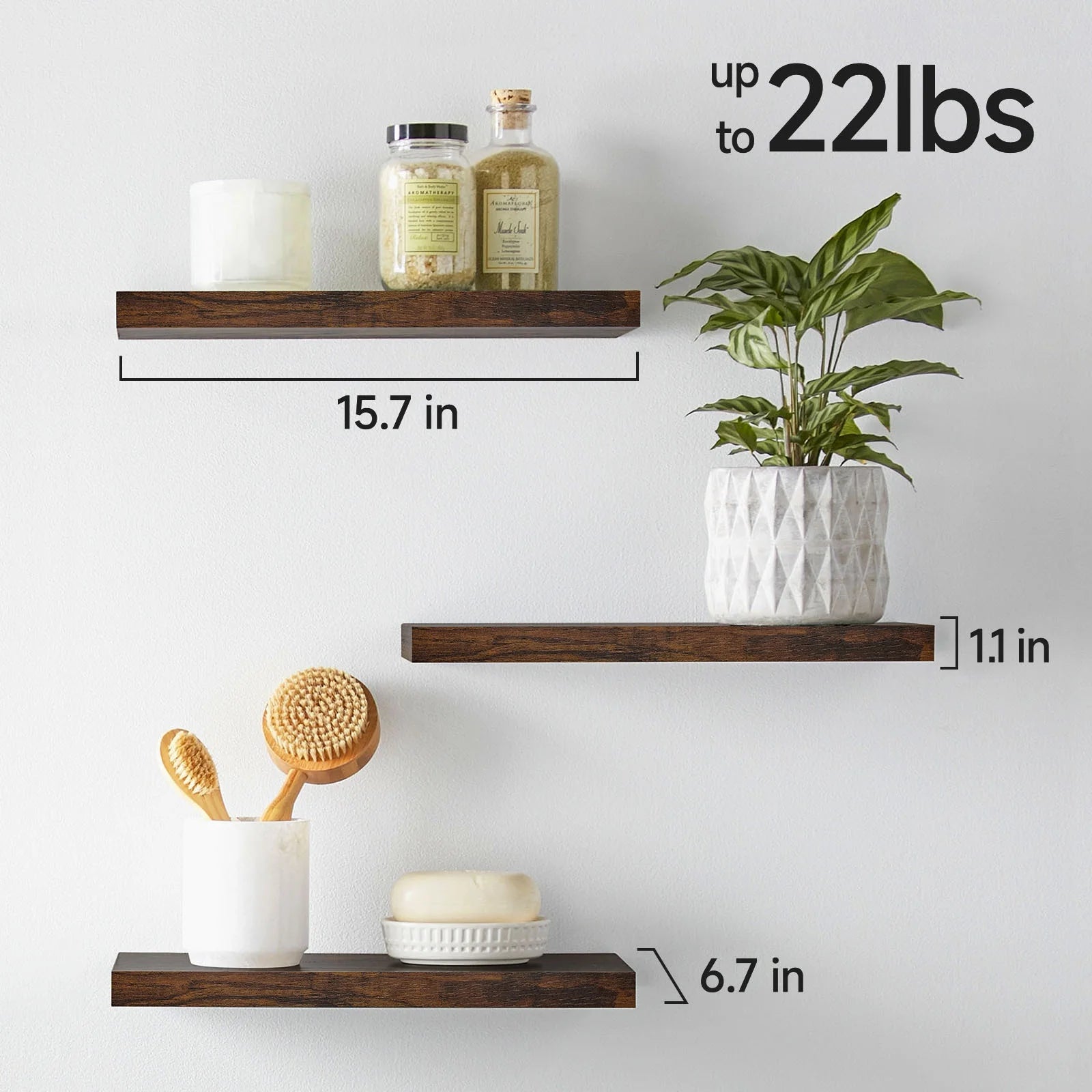BAYKA Floating Shelves for Wall – Bathroom Shelves Rustic Wood with Metal Brackets for Bathroom, Bedroom, Kitchen, or Living Room Decor – Rustic Brown, 3 Set, Sturdy Storage with 22lb Capacity