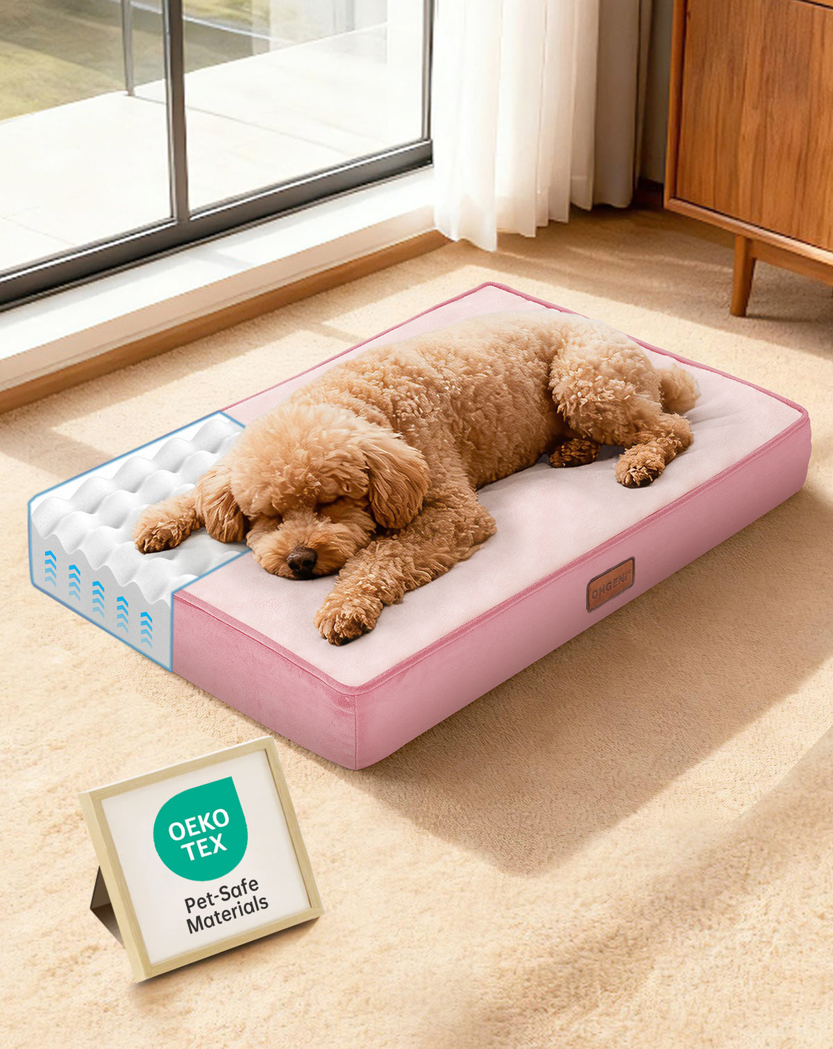 OhGeni Orthopedic Waterproof Bed for Dogs & Cats - Machine Washable Pet Bed with 25D Egg Crate Foam, Non-Slip Bottom & Removable Cover, Pink, 24 inch - aborderproducts