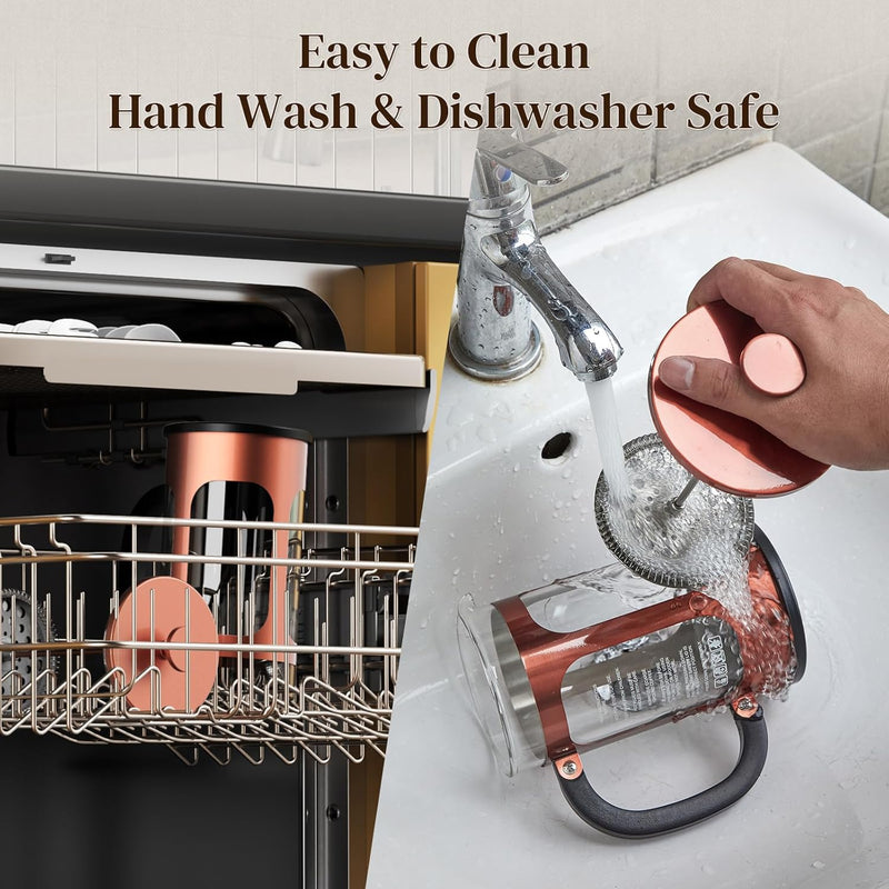 Veken French Press Coffee Maker 34oz 1 L, Heat Resistant Thickened Borosilicate Glass, No Plastic Touching Cafe, Stainless Steel Brewer, Cold Brew Cafetera Teapot for Kitchen Travel Camping, Copper-zoom-