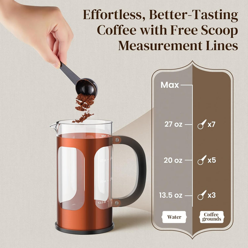 Veken French Press Coffee Maker 34oz 1 L, Heat Resistant Thickened Borosilicate Glass, No Plastic Touching Cafe, Stainless Steel Brewer, Cold Brew Cafetera Teapot for Kitchen Travel Camping, Copper-zoom-