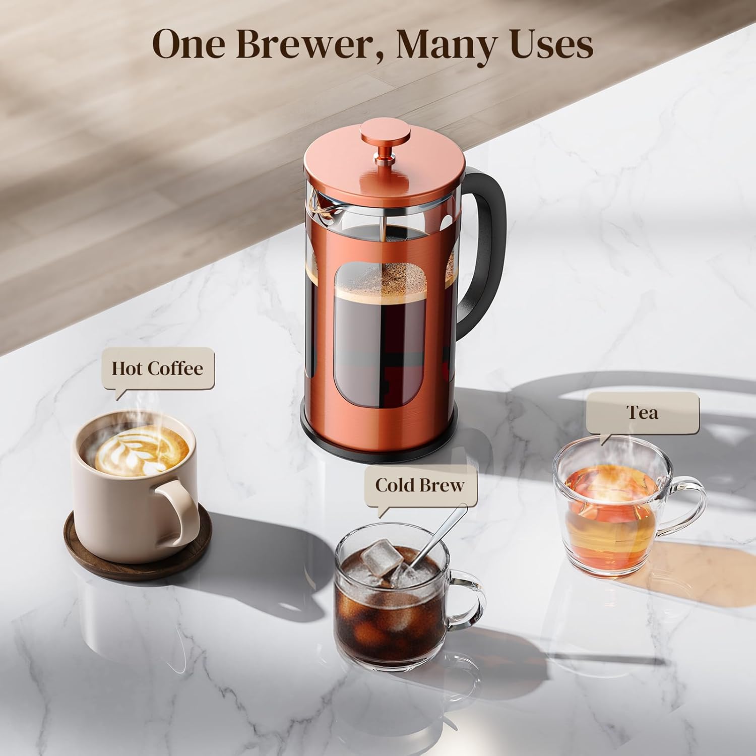Veken French Press Coffee Maker 34oz 1 L, Heat Resistant Thickened Borosilicate Glass, No Plastic Touching Cafe, Stainless Steel Brewer, Cold Brew Cafetera Teapot for Kitchen Travel Camping, Copper - aborderproducts
