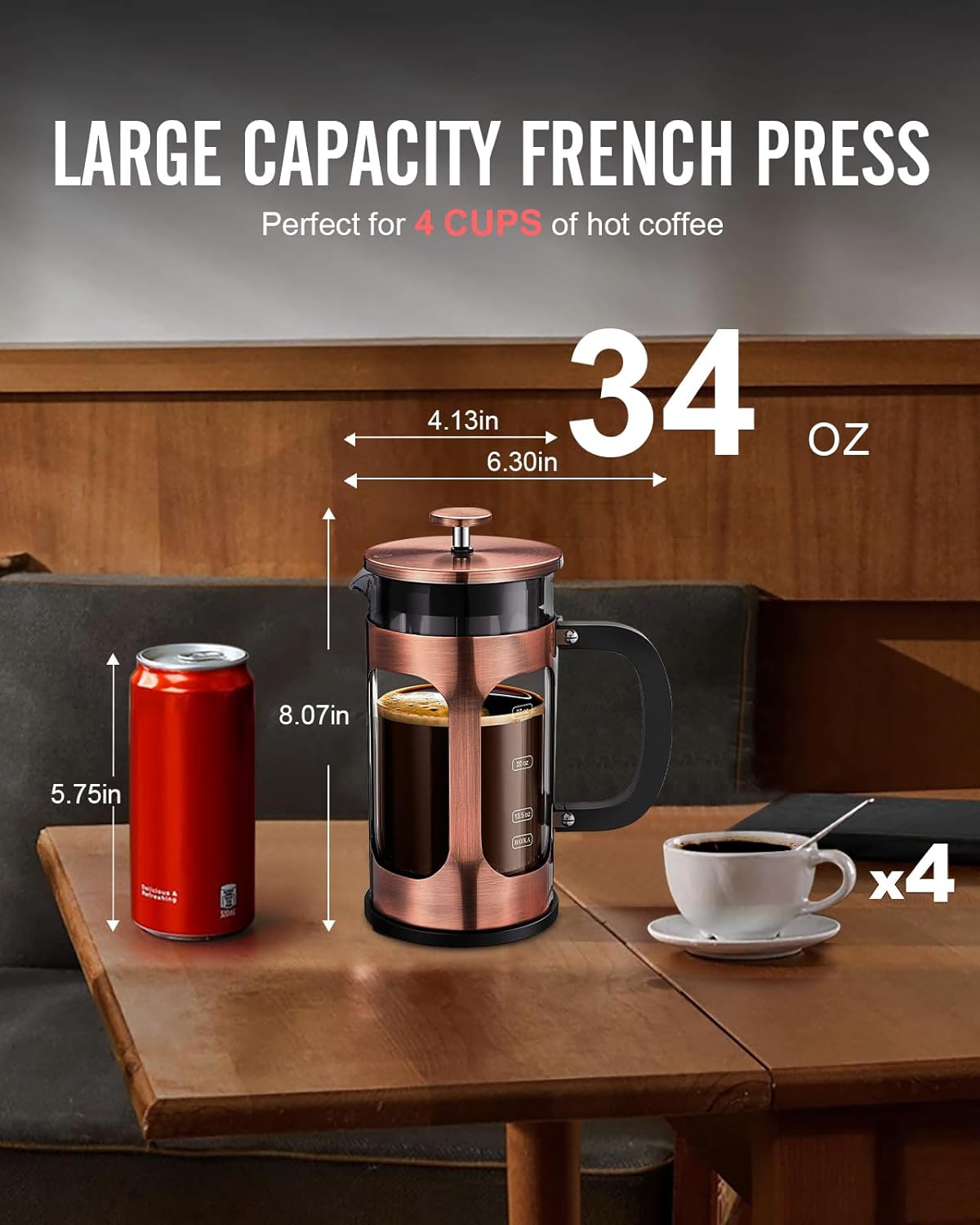 BAYKA 34 Ounce 1 Liter French Press Coffee Maker-Copper
