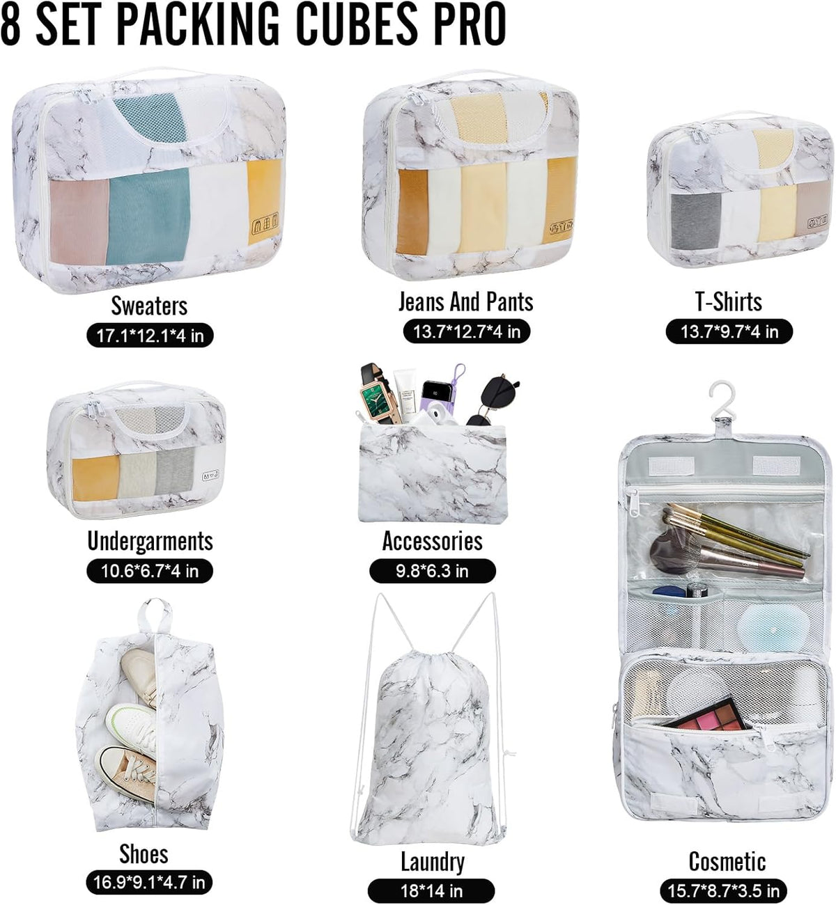 Veken | Packing Cubes | 8 Set | White Marble