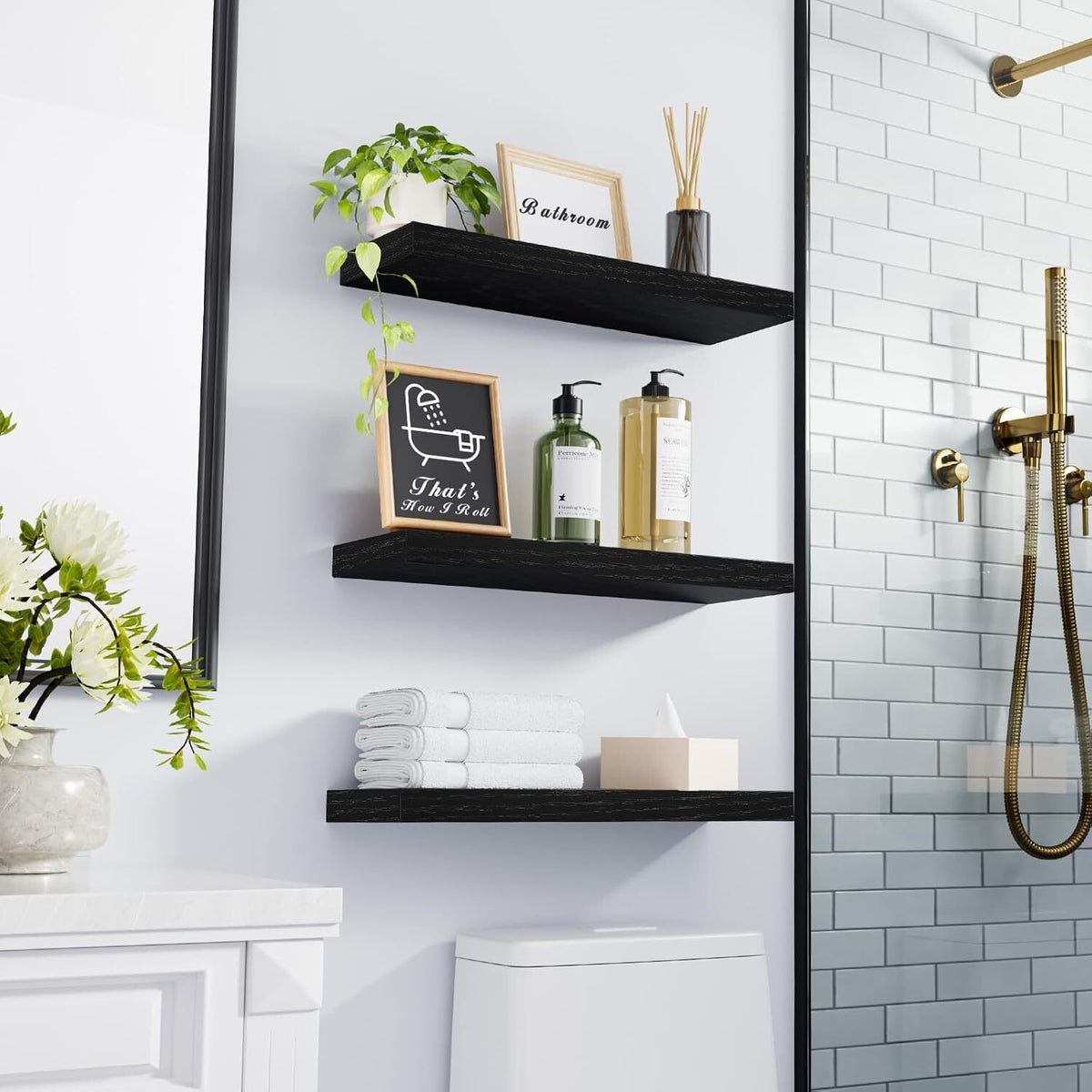 BAYKA Floating Shelves for Wall, Wall Mounted Rustic Wood Shelves for Bathroom, Bedroom, Living Room, Kitchen, Hanging Shelf for Books/Storage/Room Decor with 22lbs Capacity (Black, 3 Set, 15.7in)