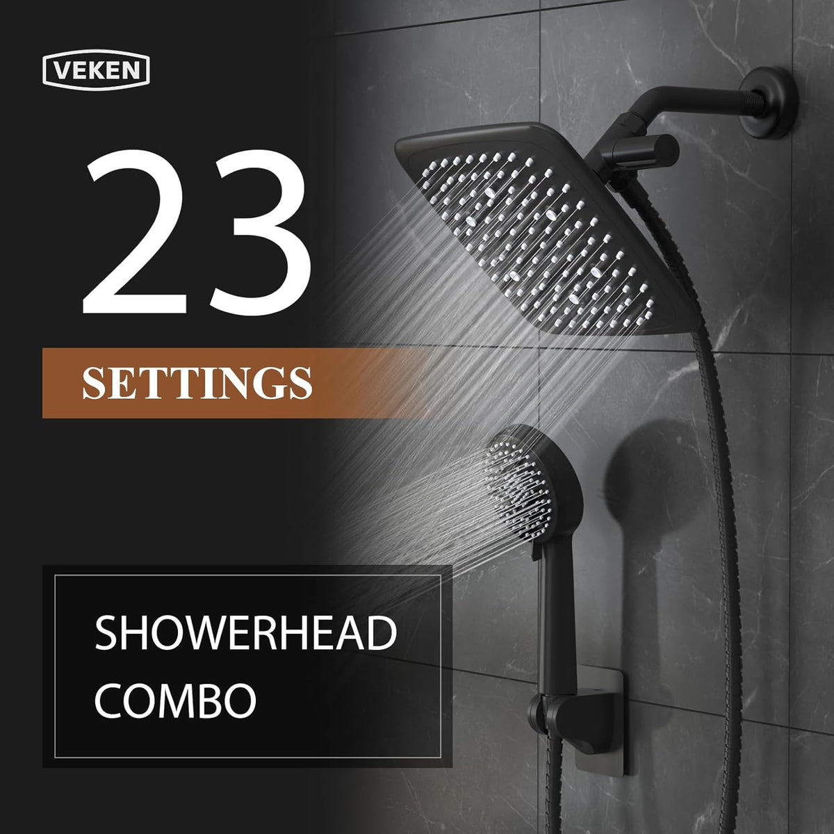 Veken | Shower Head | 9 Inch | Combo | Wide Square| Black