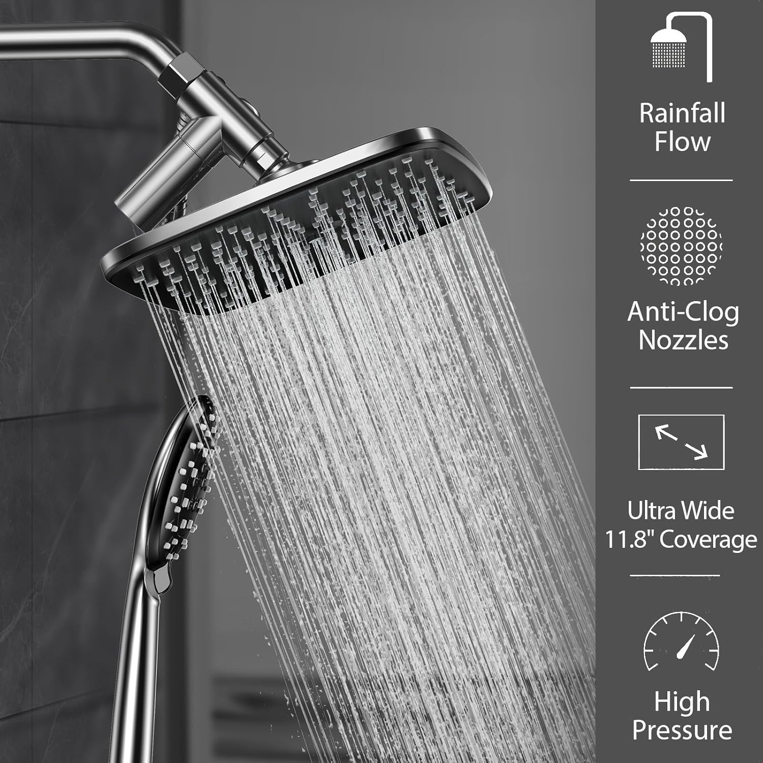 Veken | Rain Shower Head Combo | 11.8 Inch |  Rectangle | Chrome - aborderproducts