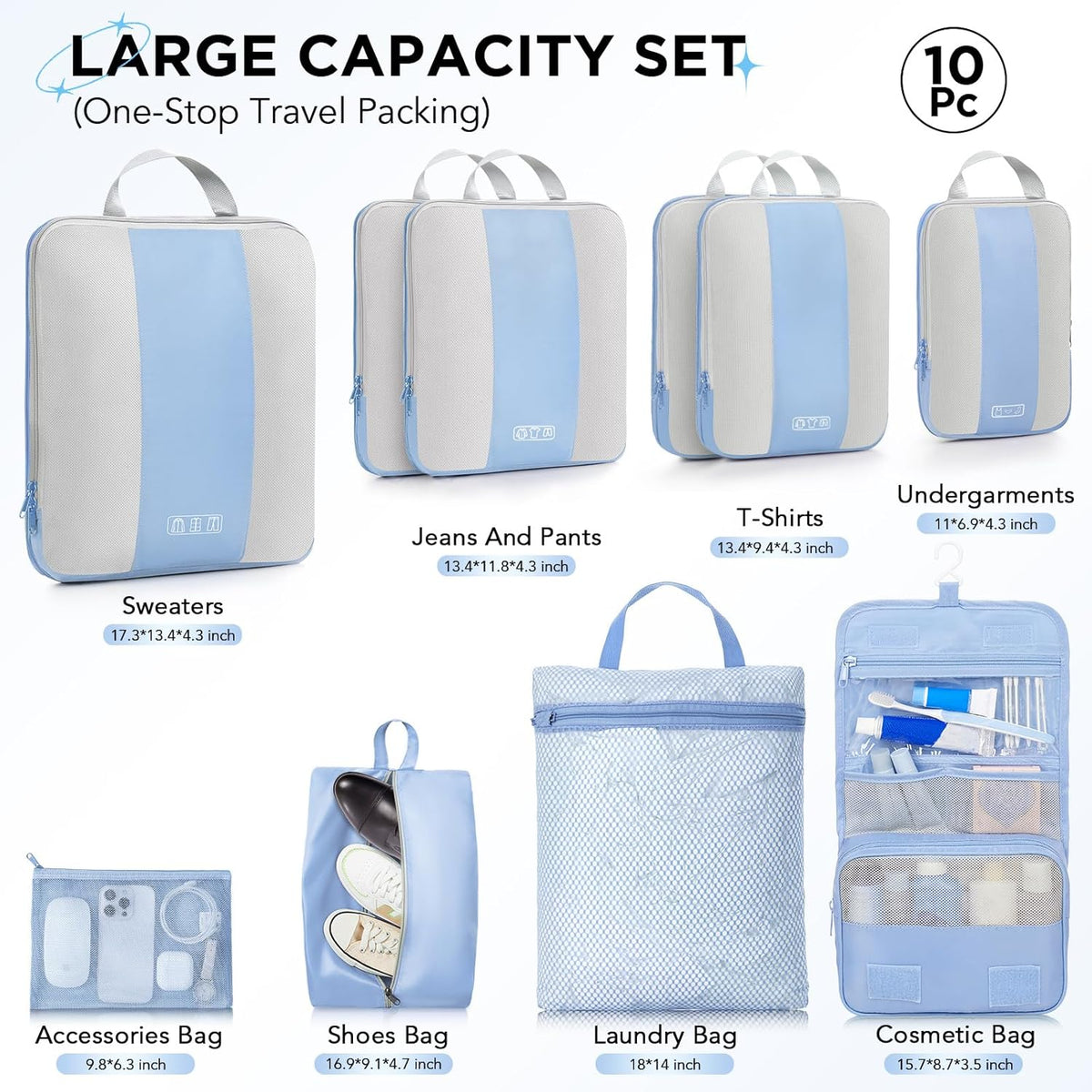 OlarHike | Compression Packing Cubes | 10 Set | Light Blue