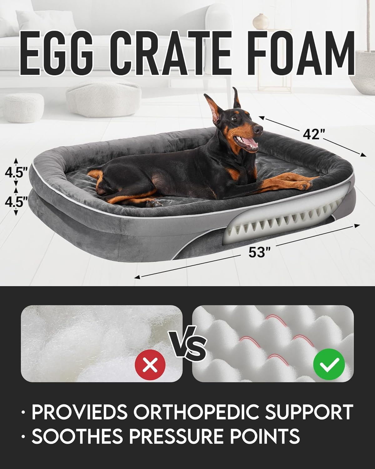 OhGeni | Orthopedic Dog Bed | XXX-Large (53 x 42 x 9 Inch) | Gray - aborderproducts