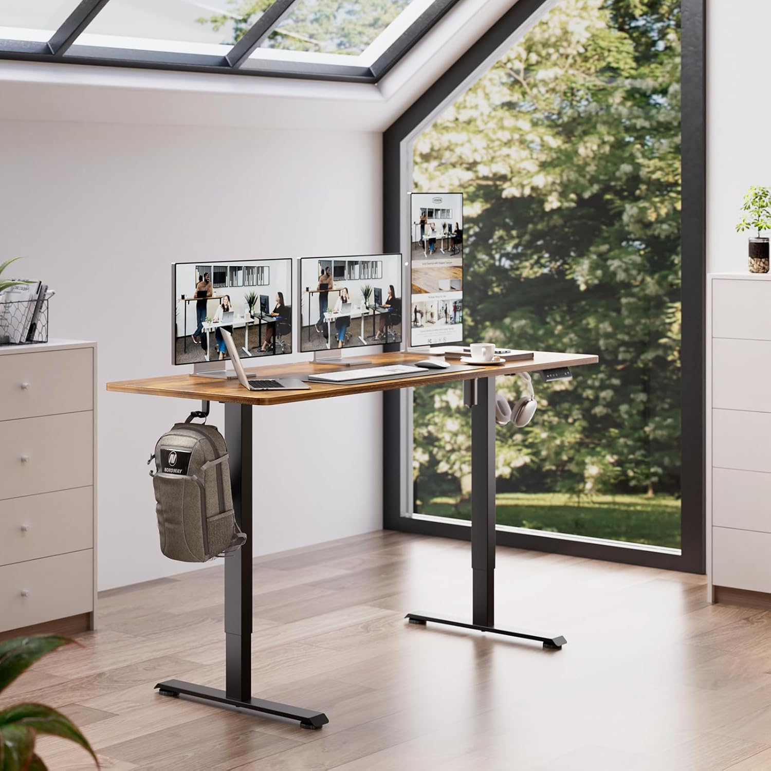 Veken | Electric Standing Desk | 63 Inch | Brown - aborderproducts