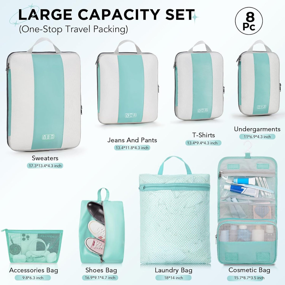 8-Piece Set Compression Packing Cubes (New Blue Green）