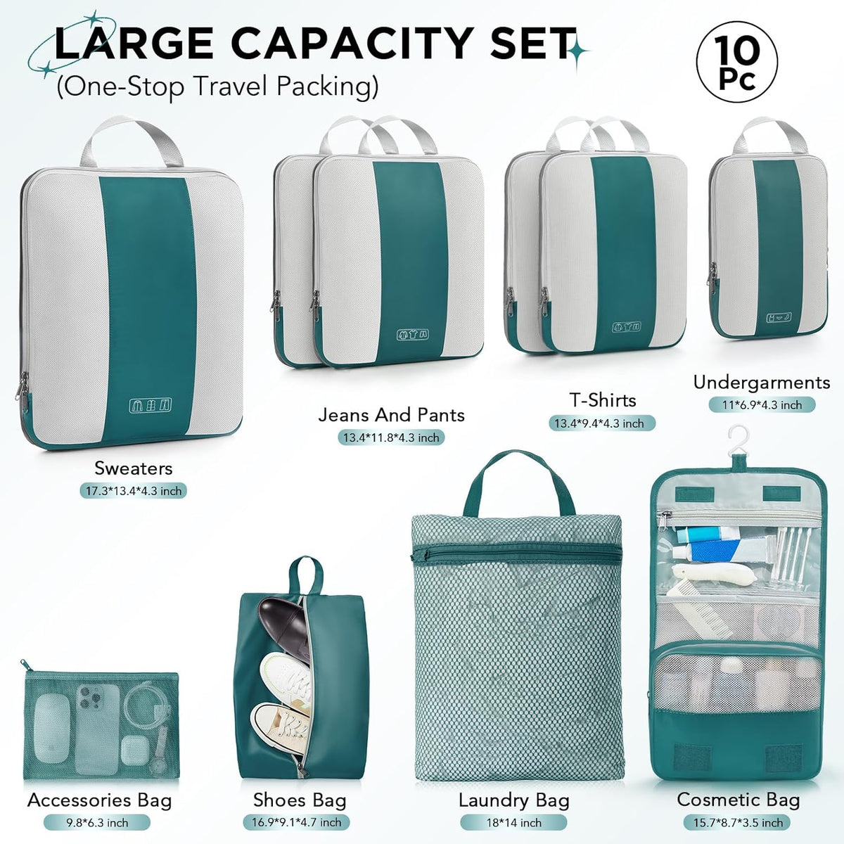 OlarHike | Compression Packing Cubes | 10 Set | Dark Blue Green
