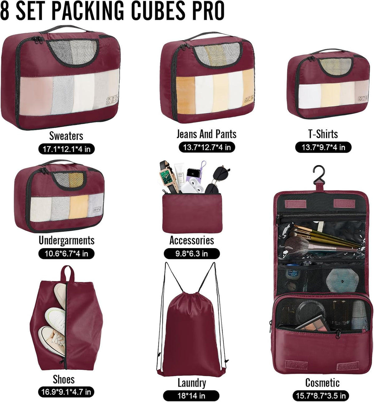 Veken | Packing Cubes | 8 Set | Wine Red