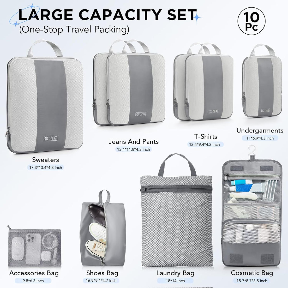 OlarHike | Compression Packing Cubes | 10 Set | Gray