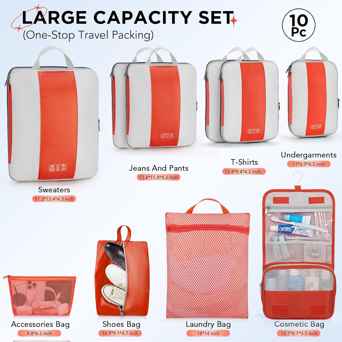 OlarHike | Compression Packing Cubes | 10 Set | Orange