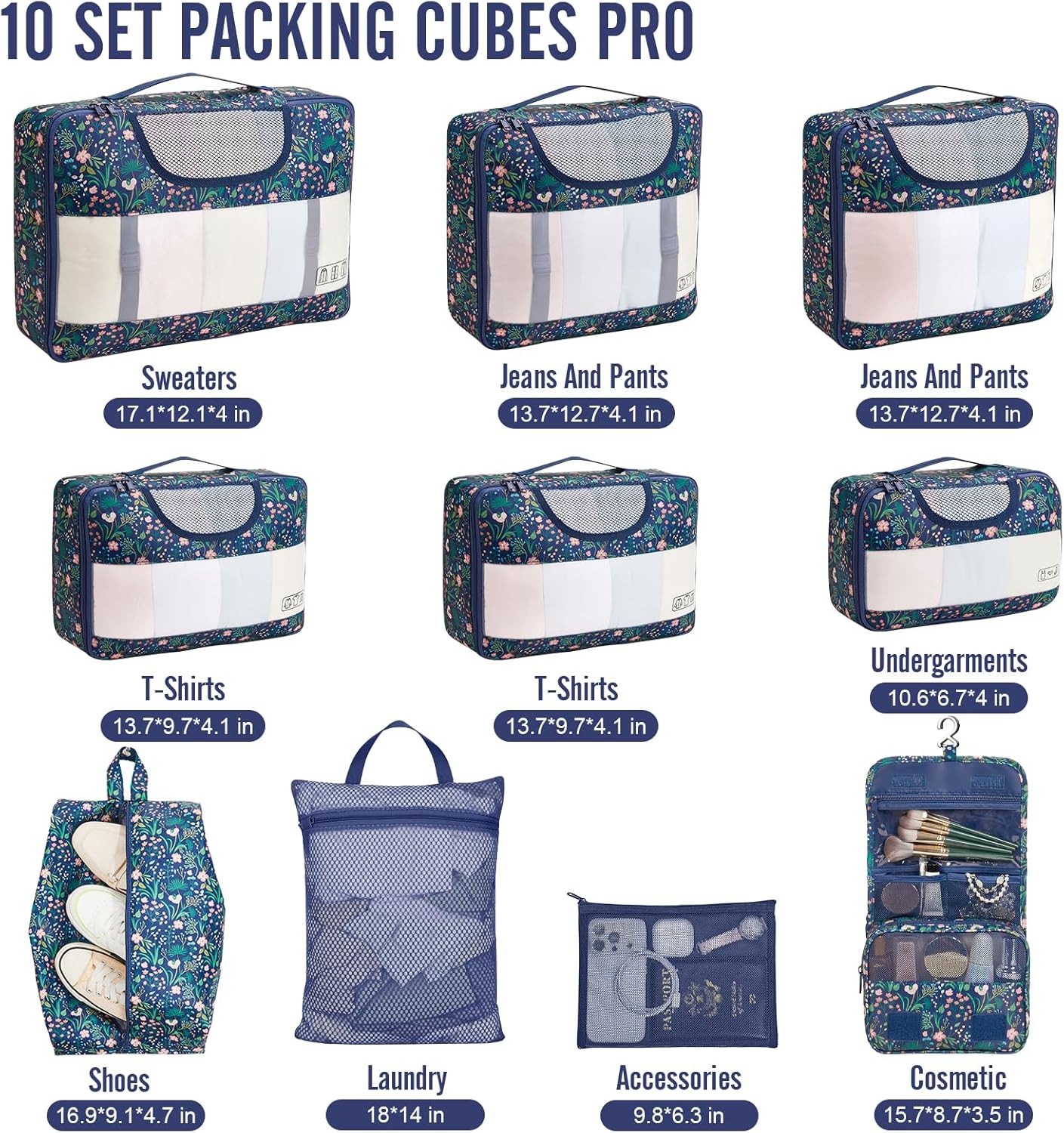 Veken | 10 Set | Packing Cube | Garden Navy Floral - aborderproducts