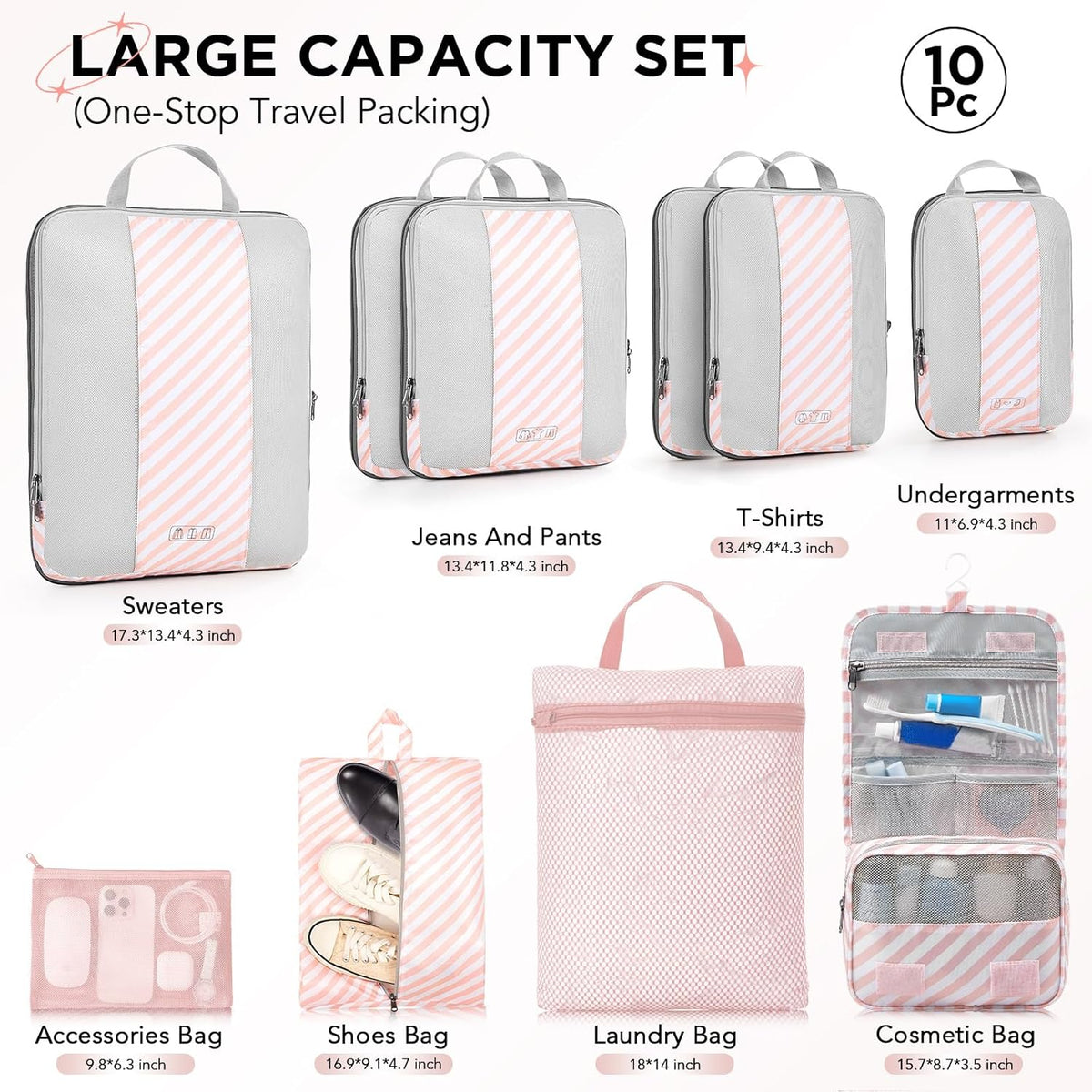 OlarHike | Compression Packing Cubes | 10 Set | Pink Stripped
