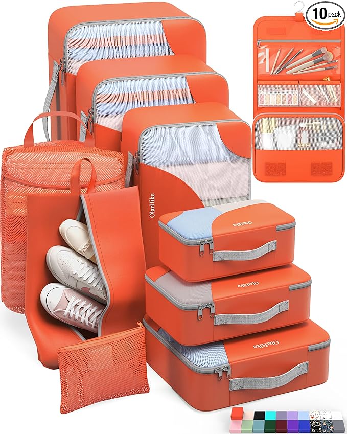 ALL INCLUDED 10 Set Durable Packing Cubes for Suitcases,OlarHike Essentials for Travel,UPGRADED Anti-Tear Stitching, NEW Improved Luggage Packing Organizers for Travel Accessories, Orange