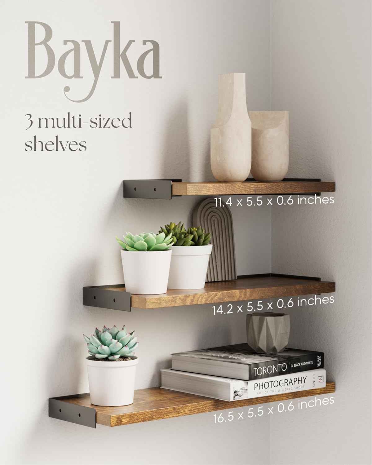 BAYKA | Floating Shelves | Rustic Brown | Set of 3 - aborderproducts