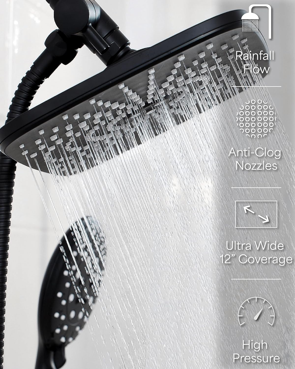Veken 12 Inch High Pressure Rain Shower Head -Shower Heads with 5 Modes Handheld Spray Combo- Wide RainFall shower with 70" Hose - Adjustable Dual Showerhead with Anti-Clog Nozzles- Matte Black - aborderproducts